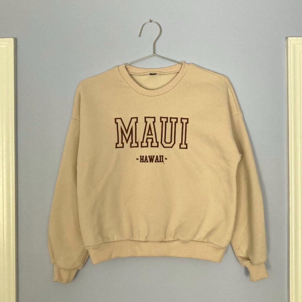 MAUI HAWAII EMBROIDERED CREWNECK SWEATSHIRT lightweight tan